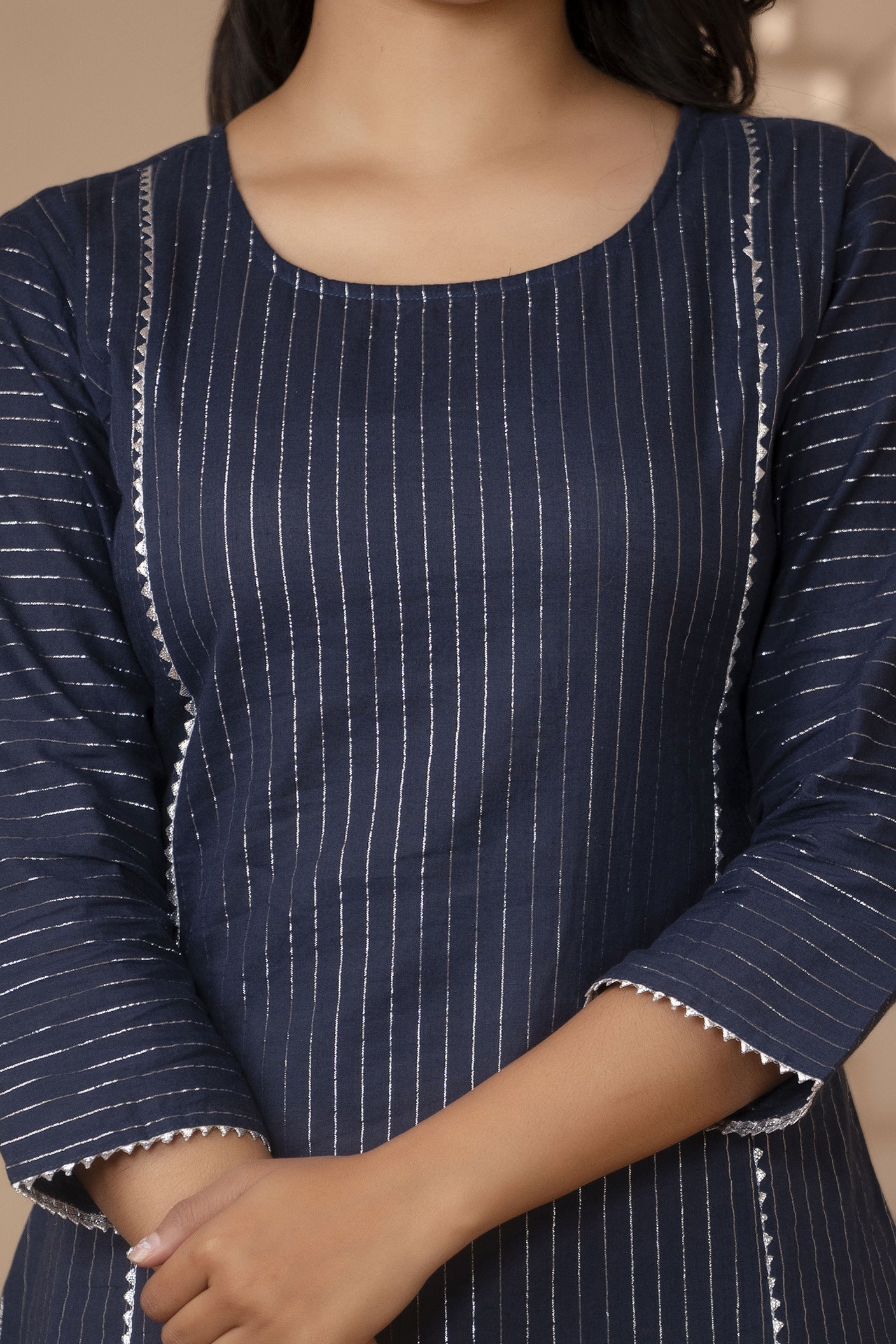 Women Navy Blue Striped Lurex Straight Kurta With Three Quarter Sleeves | LASVINI - Redefining Indian Fashion with Elegance