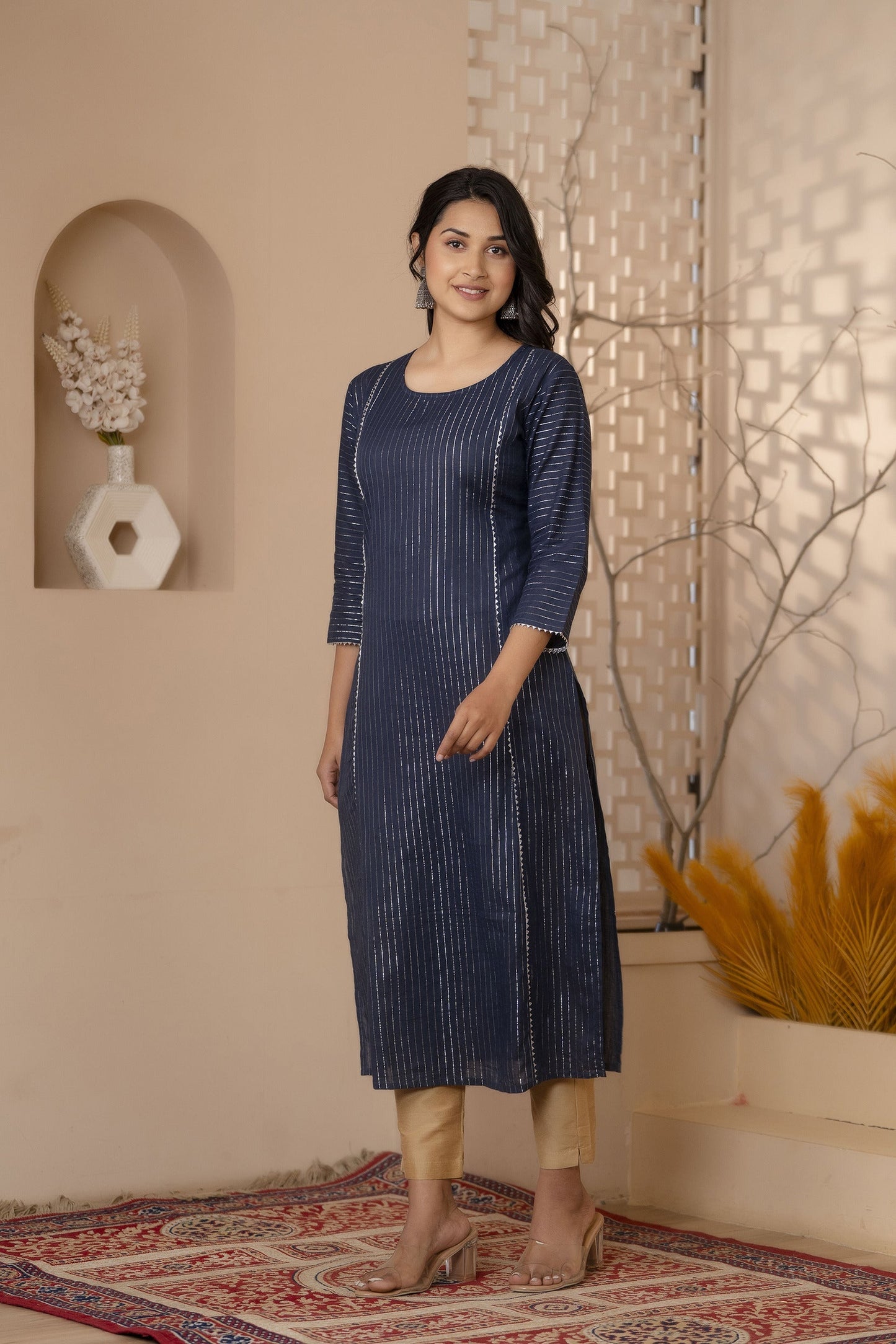 Women Navy Blue Striped Lurex Straight Kurta With Three Quarter Sleeves | LASVINI - Redefining Indian Fashion with Elegance