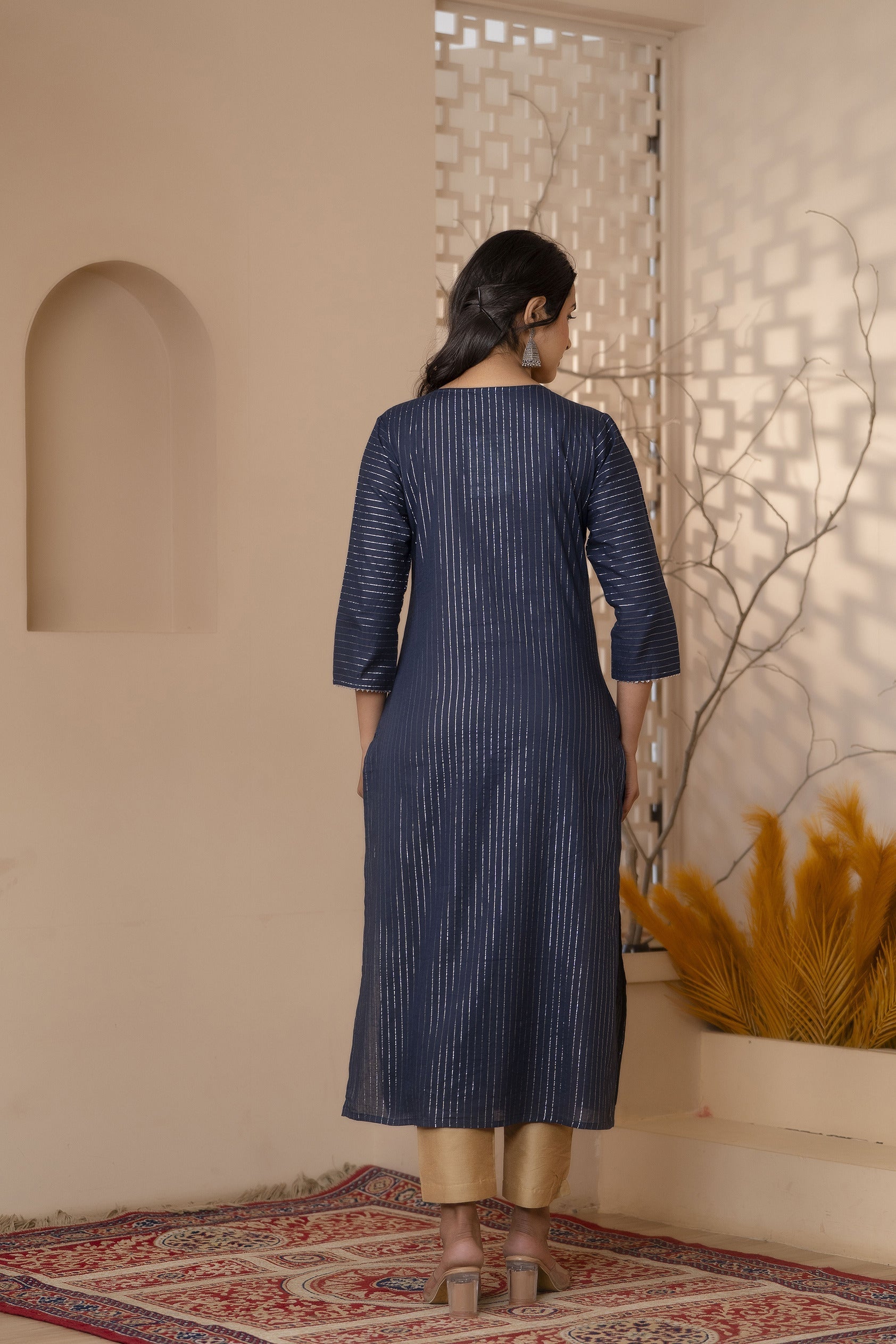 Women Navy Blue Striped Lurex Straight Kurta With Three Quarter Sleeves | LASVINI - Redefining Indian Fashion with Elegance