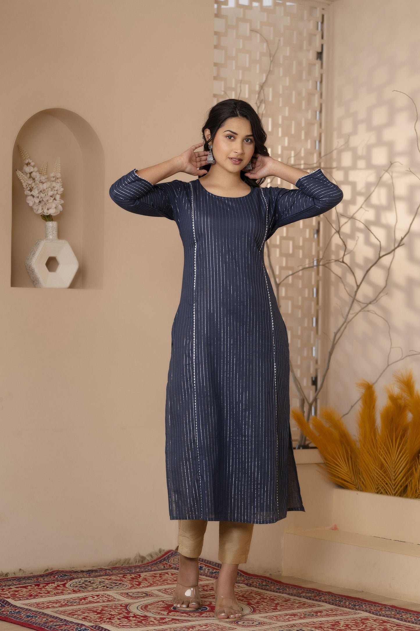 Women Navy Blue Striped Lurex Straight Kurta With Three Quarter Sleeves | LASVINI - Redefining Indian Fashion with Elegance