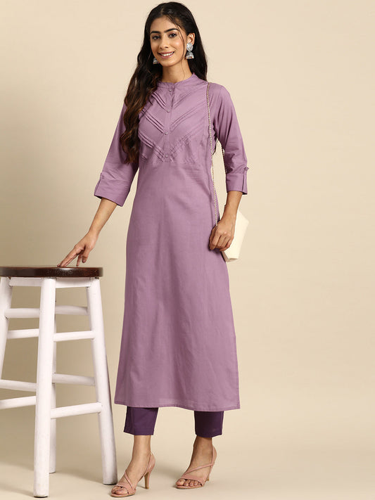 Women Purple Straight Kurta With Three Quarter Sleeves | LASVINI - Redefining Indian Fashion with Elegance