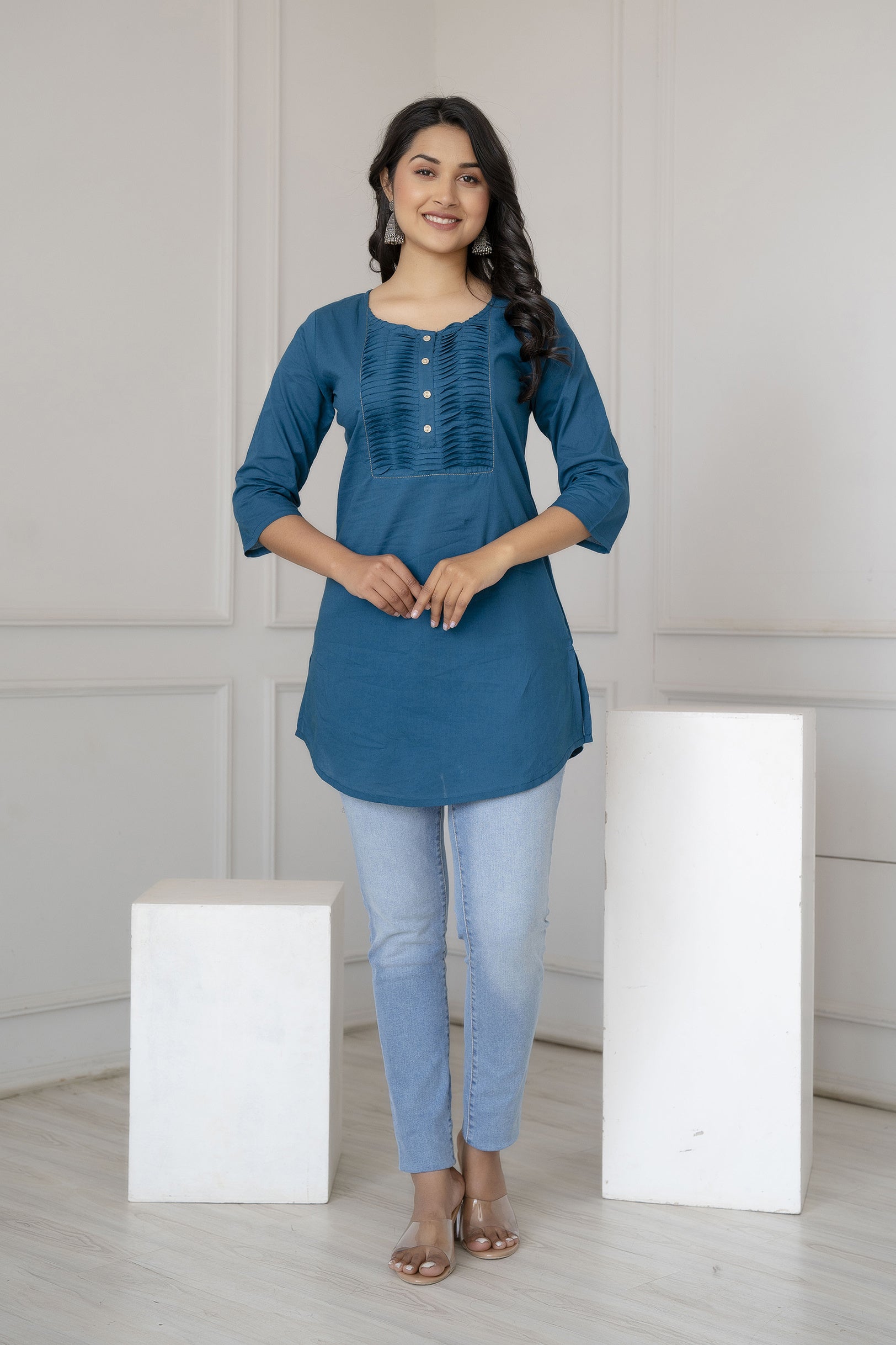 Women Teal Blue Straight Tunic With Three Quarter Sleeves | LASVINI - Redefining Indian Fashion with Elegance