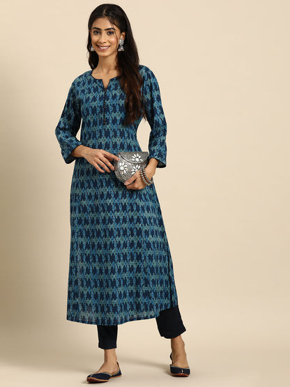 Women Blue Ethnic Printed Straight Kurta With Three Quarter Sleeves | LASVINI - Redefining Indian Fashion with Elegance