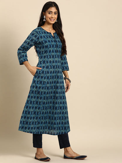 Women Blue Ethnic Printed Straight Kurta With Three Quarter Sleeves | LASVINI - Redefining Indian Fashion with Elegance