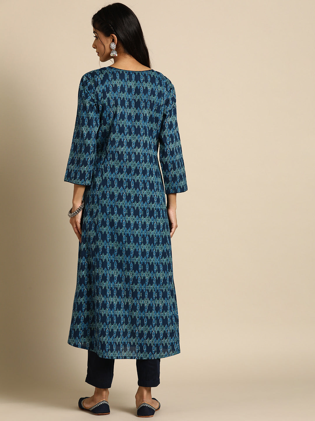 Women Blue Ethnic Printed Straight Kurta With Three Quarter Sleeves | LASVINI - Redefining Indian Fashion with Elegance