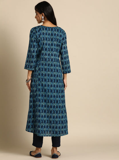 Women Blue Ethnic Printed Straight Kurta With Three Quarter Sleeves | LASVINI - Redefining Indian Fashion with Elegance