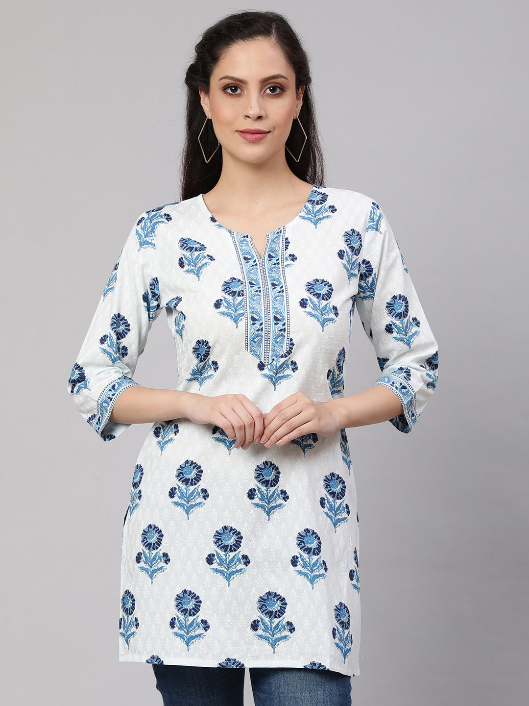 Women Off White Printed Straight Tunic With Three Quarter Sleeves | LASVINI - Redefining Indian Fashion with Elegance