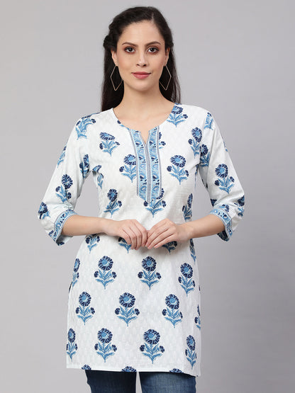 Women Off White Printed Straight Tunic With Three Quarter Sleeves | LASVINI - Redefining Indian Fashion with Elegance