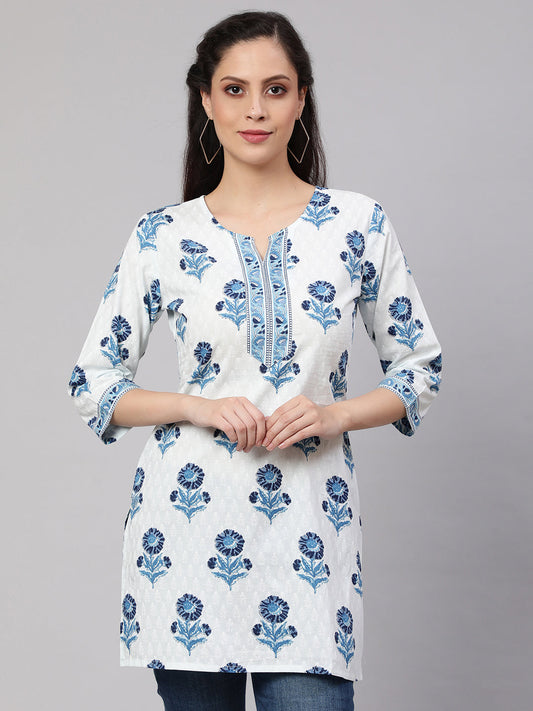 Women Off White Printed Straight Tunic With Three Quarter Sleeves | LASVINI - Redefining Indian Fashion with Elegance
