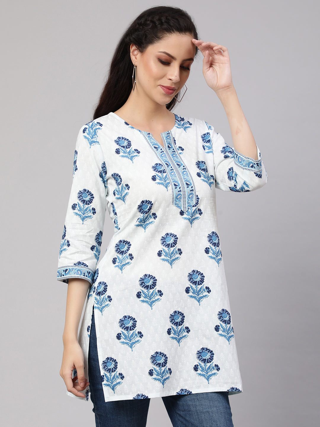 Women Off White Printed Straight Tunic With Three Quarter Sleeves | LASVINI - Redefining Indian Fashion with Elegance