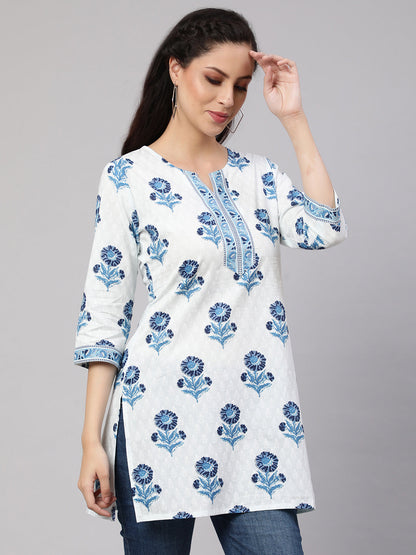 Women Off White Printed Straight Tunic With Three Quarter Sleeves | LASVINI - Redefining Indian Fashion with Elegance