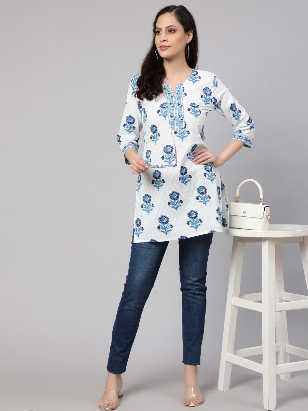 Women Off White Printed Straight Tunic With Three Quarter Sleeves | LASVINI - Redefining Indian Fashion with Elegance