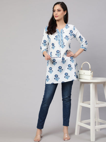 Women Off White Printed Straight Tunic With Three Quarter Sleeves | LASVINI - Redefining Indian Fashion with Elegance