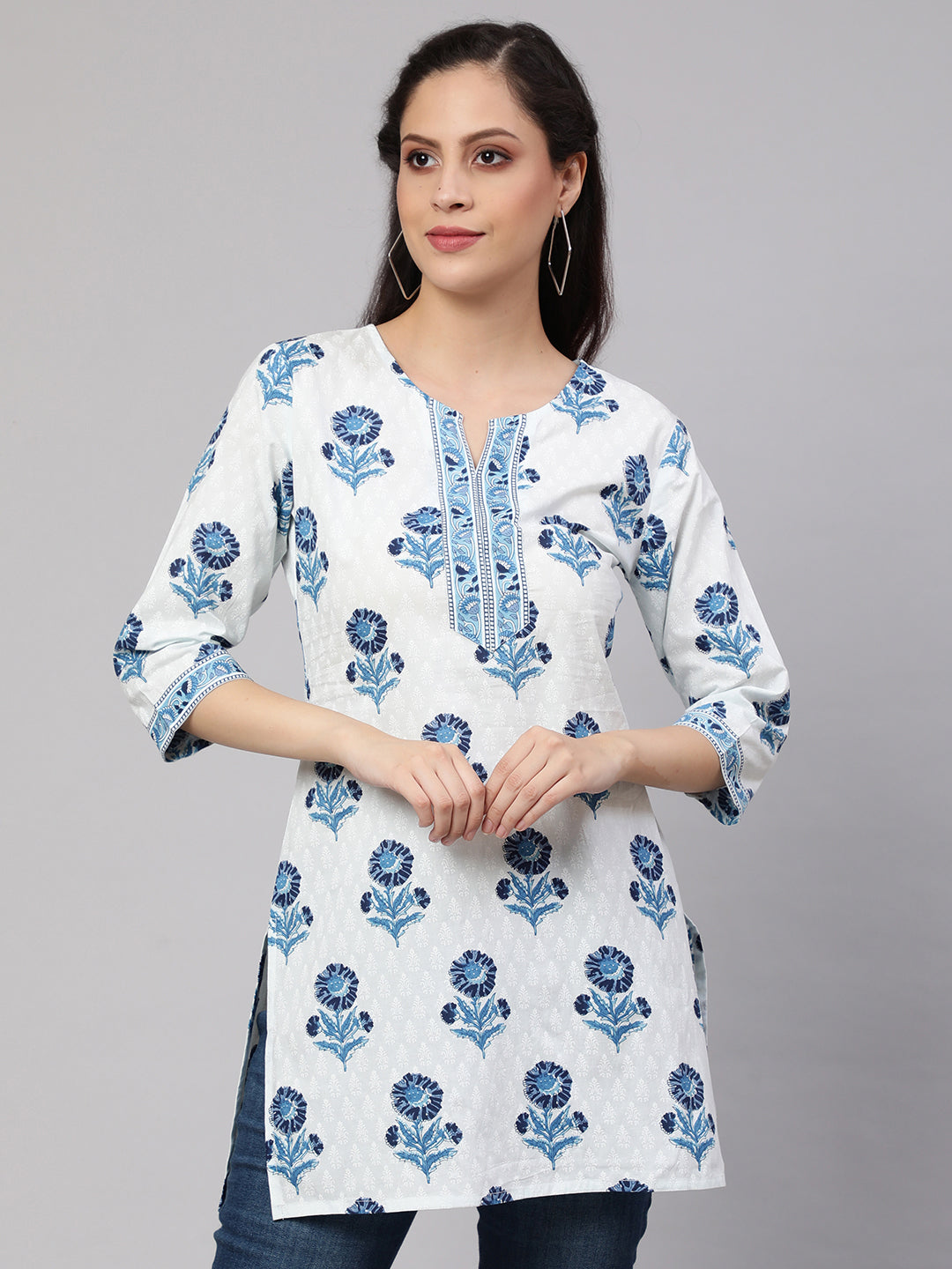 Women Off White Printed Straight Tunic With Three Quarter Sleeves | LASVINI - Redefining Indian Fashion with Elegance