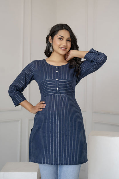 Women Navy Blue Stripe Straight Tunic | LASVINI - Redefining Indian Fashion with Elegance