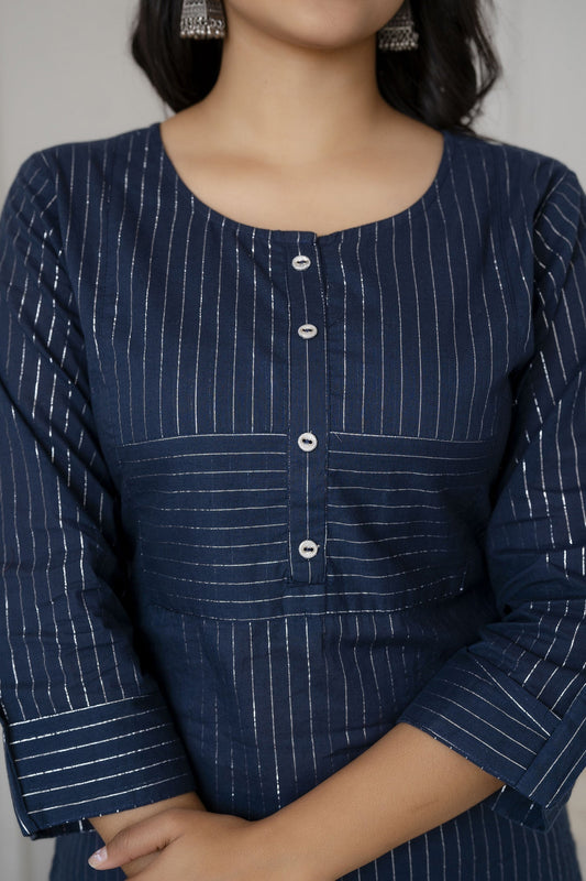 Women Navy Blue Stripe Straight Tunic | LASVINI - Redefining Indian Fashion with Elegance
