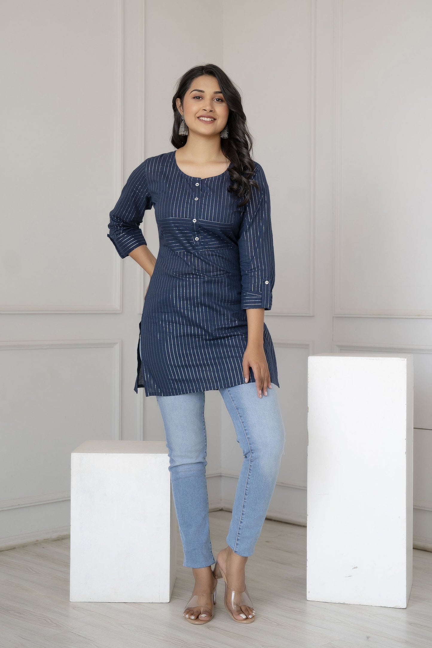 Women Navy Blue Stripe Straight Tunic | LASVINI - Redefining Indian Fashion with Elegance