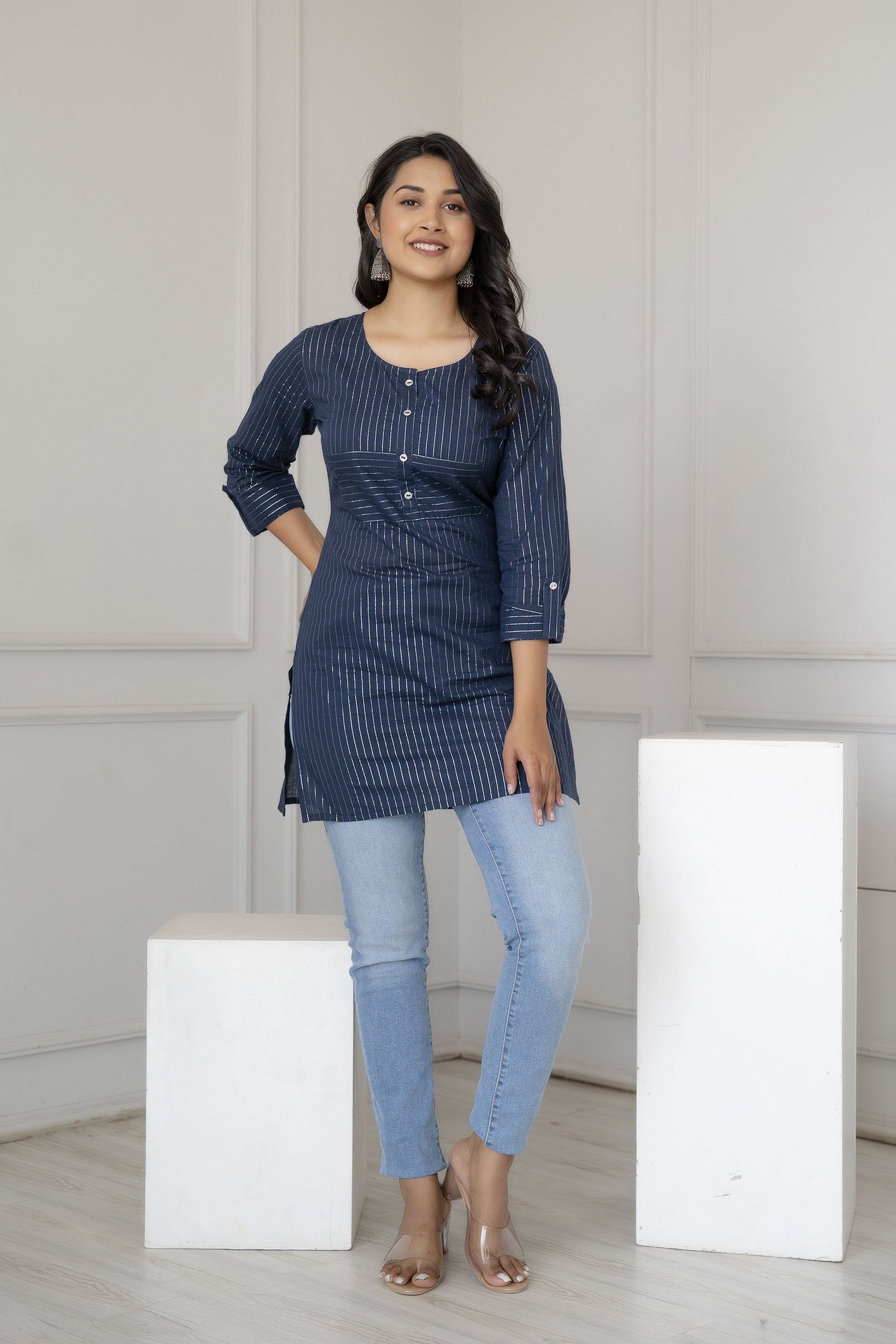 Women Navy Blue Stripe Straight Tunic | LASVINI - Redefining Indian Fashion with Elegance