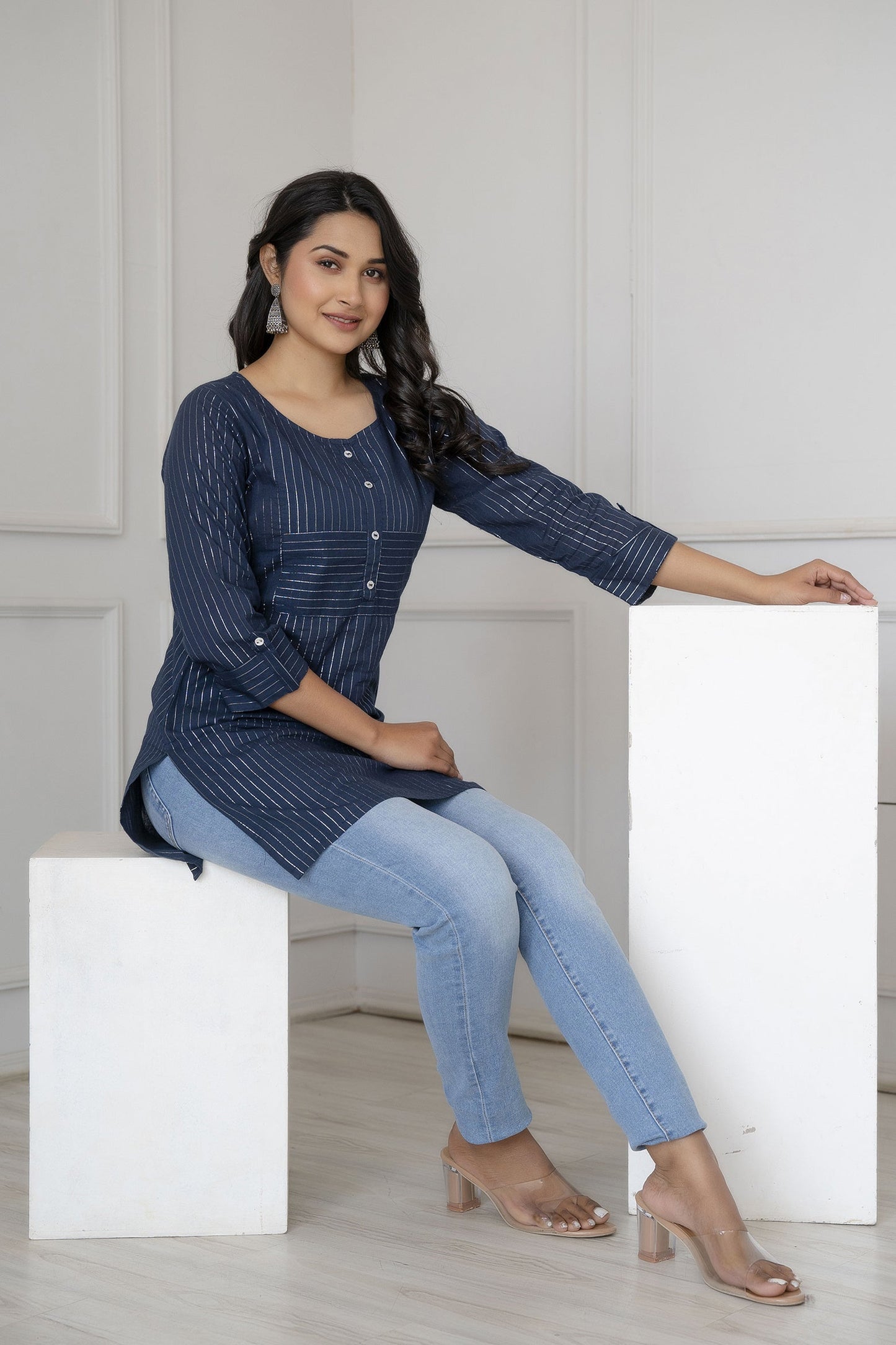 Women Navy Blue Stripe Straight Tunic | LASVINI - Redefining Indian Fashion with Elegance
