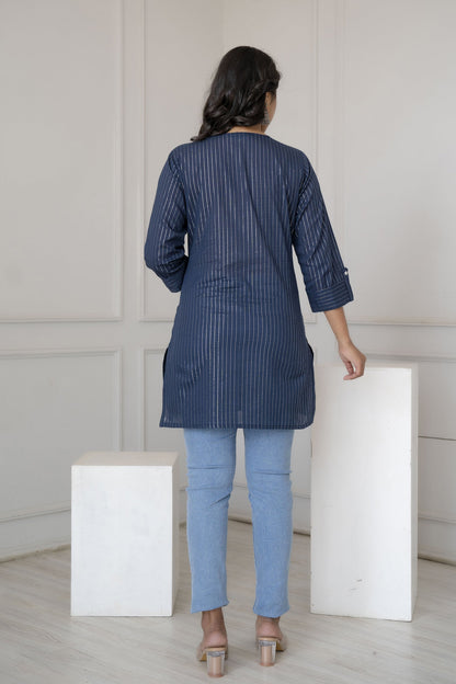 Women Navy Blue Stripe Straight Tunic | LASVINI - Redefining Indian Fashion with Elegance