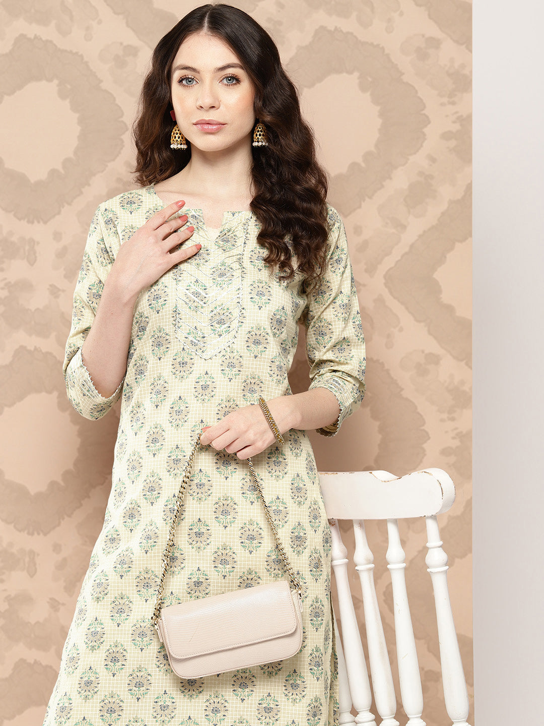 Women Cream Printed Straight Kurta With Three Quarter Sleeves | LASVINI - Redefining Indian Fashion with Elegance