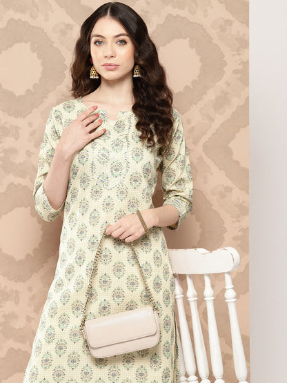 Women Cream Printed Straight Kurta With Three Quarter Sleeves | LASVINI - Redefining Indian Fashion with Elegance
