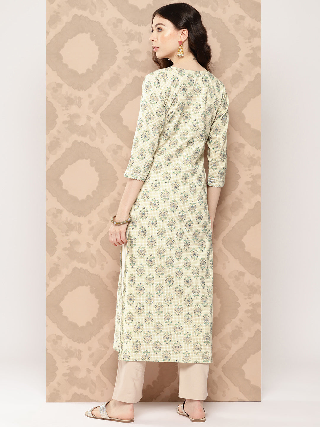 Women Cream Printed Straight Kurta With Three Quarter Sleeves | LASVINI - Redefining Indian Fashion with Elegance