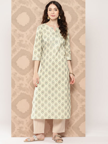 Women Cream Printed Straight Kurta With Three Quarter Sleeves | LASVINI - Redefining Indian Fashion with Elegance