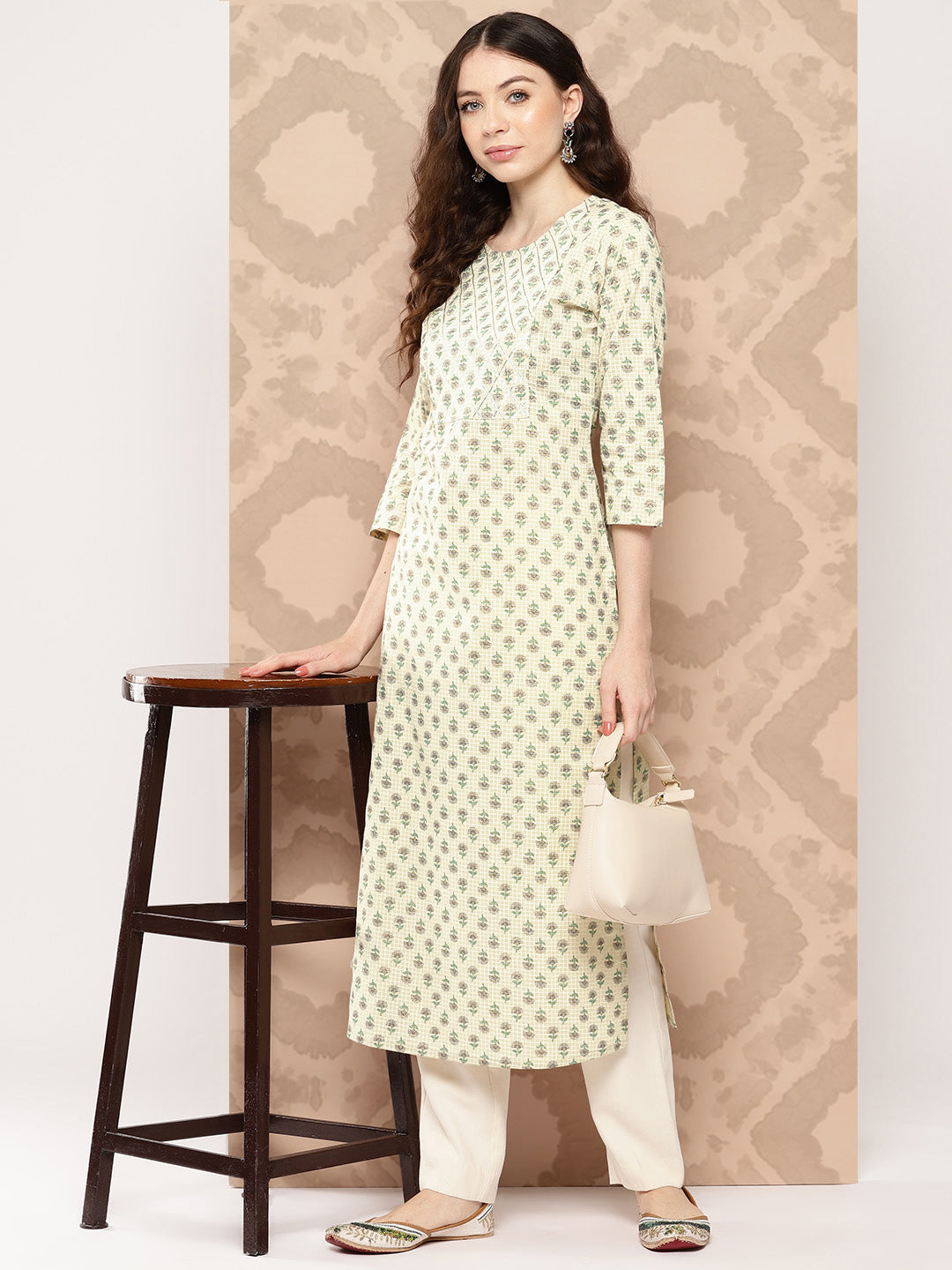 Women Cream Printed Straight Kurta With Three Quarter Sleeves | LASVINI - Redefining Indian Fashion with Elegance