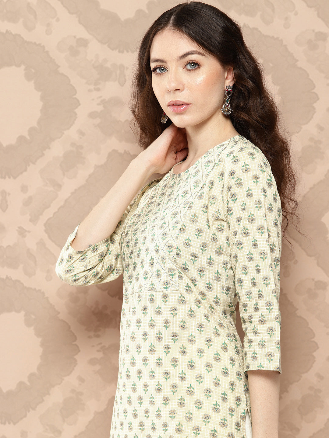 Women Cream Printed Straight Kurta With Three Quarter Sleeves | LASVINI - Redefining Indian Fashion with Elegance