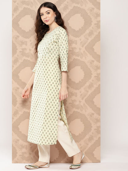 Women Cream Printed Straight Kurta With Three Quarter Sleeves | LASVINI - Redefining Indian Fashion with Elegance