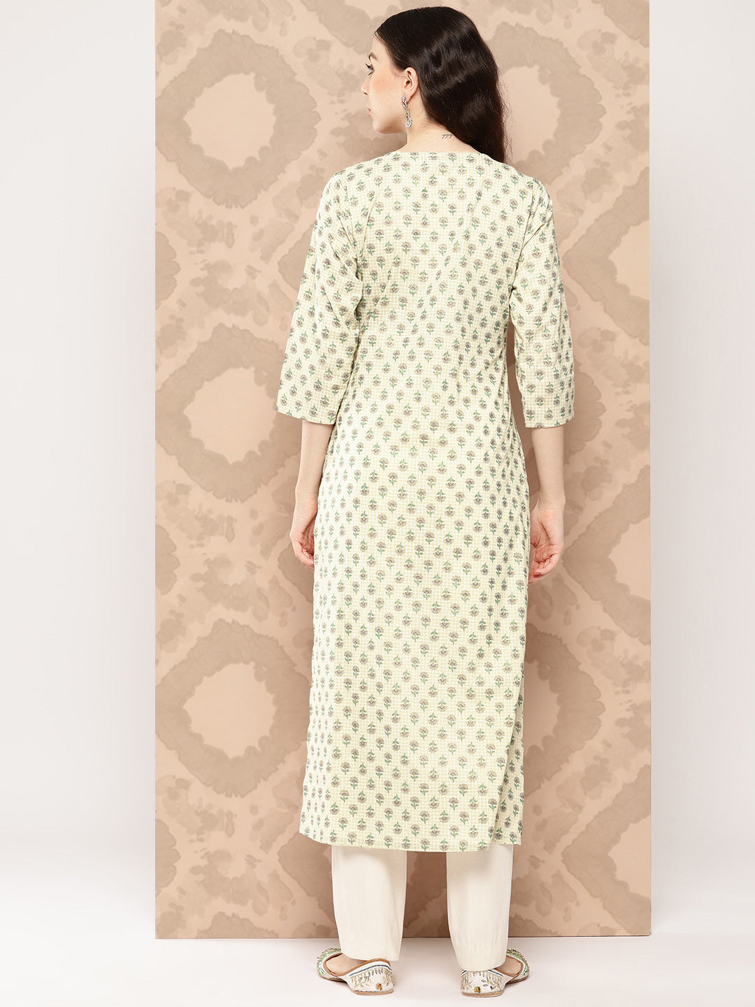Women Cream Printed Straight Kurta With Three Quarter Sleeves | LASVINI - Redefining Indian Fashion with Elegance