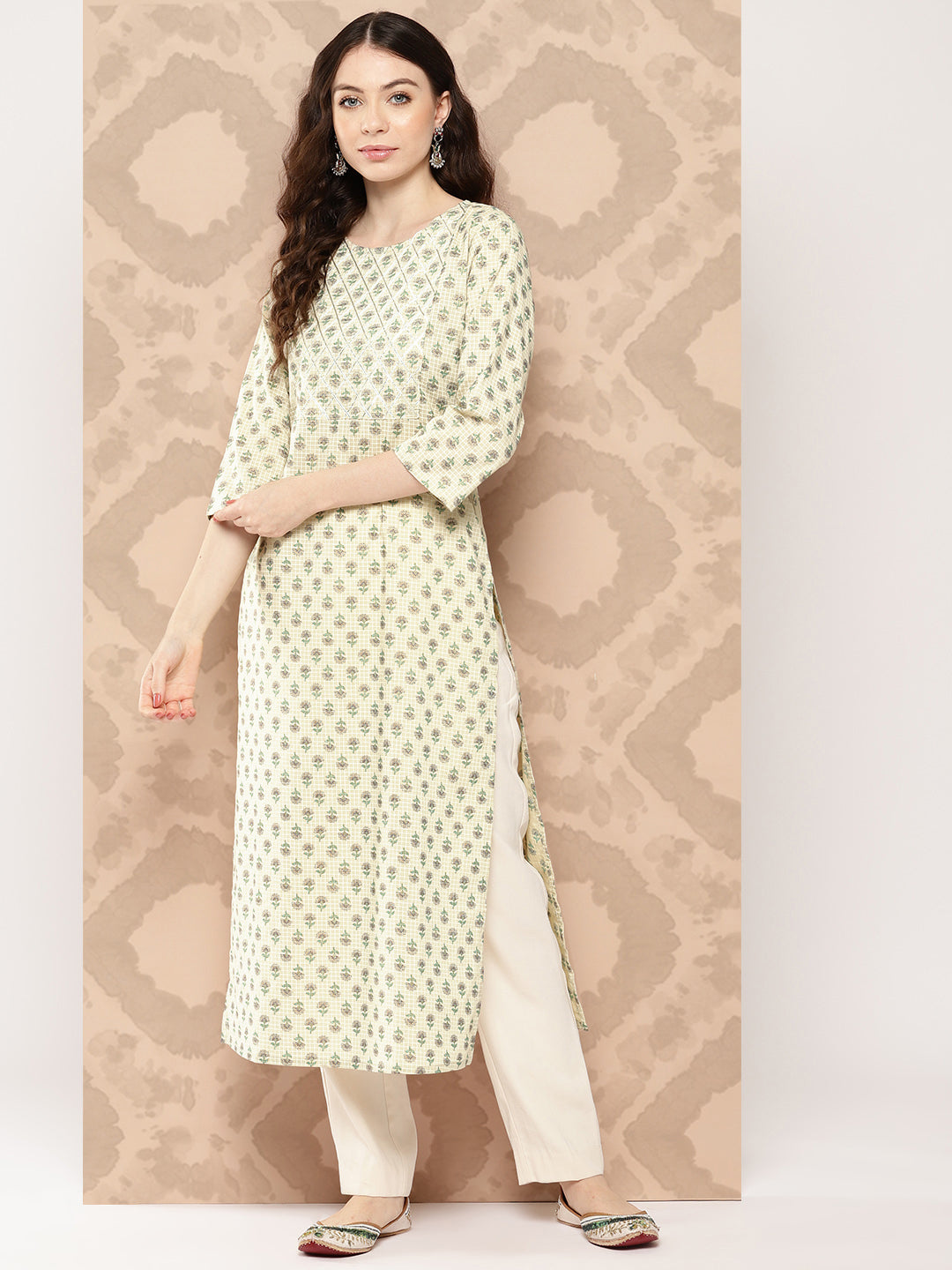 Women Cream Printed Straight Kurta With Three Quarter Sleeves | LASVINI - Redefining Indian Fashion with Elegance