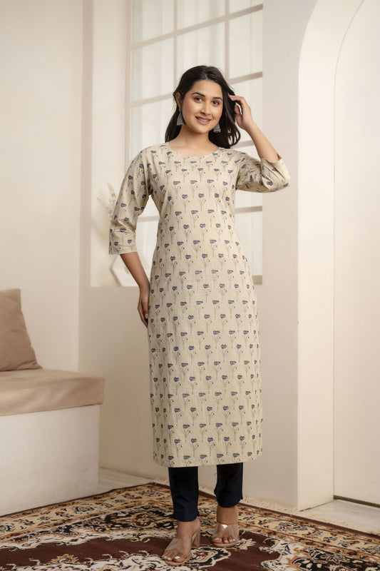 Women Cream Printed Straight Kurta With Three Quarter Sleeves | LASVINI - Redefining Indian Fashion with Elegance
