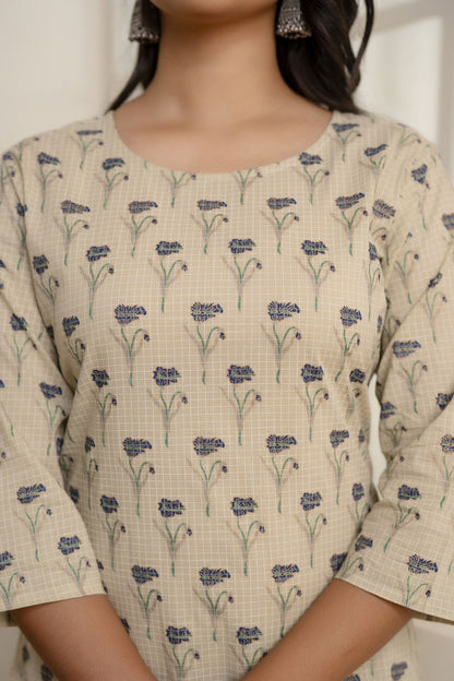 Women Cream Printed Straight Kurta With Three Quarter Sleeves | LASVINI - Redefining Indian Fashion with Elegance