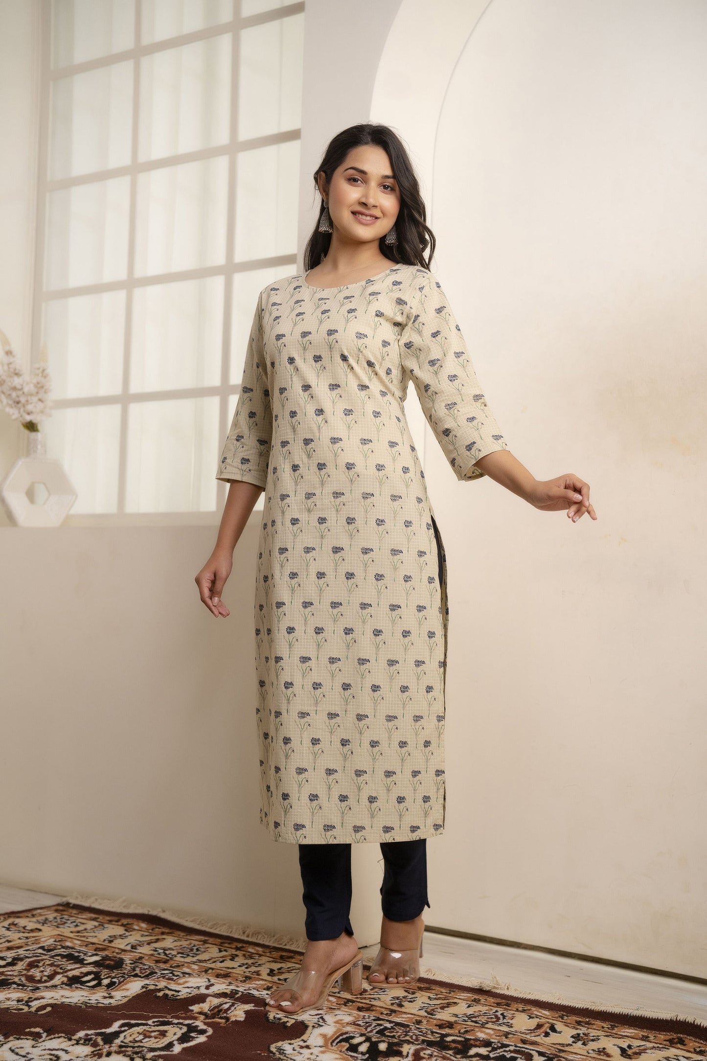 Women Cream Printed Straight Kurta With Three Quarter Sleeves | LASVINI - Redefining Indian Fashion with Elegance