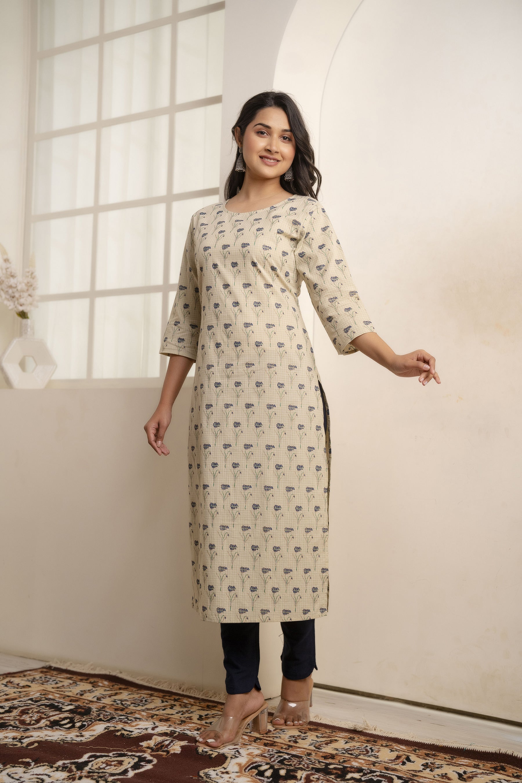 Women Cream Printed Straight Kurta With Three Quarter Sleeves | LASVINI - Redefining Indian Fashion with Elegance