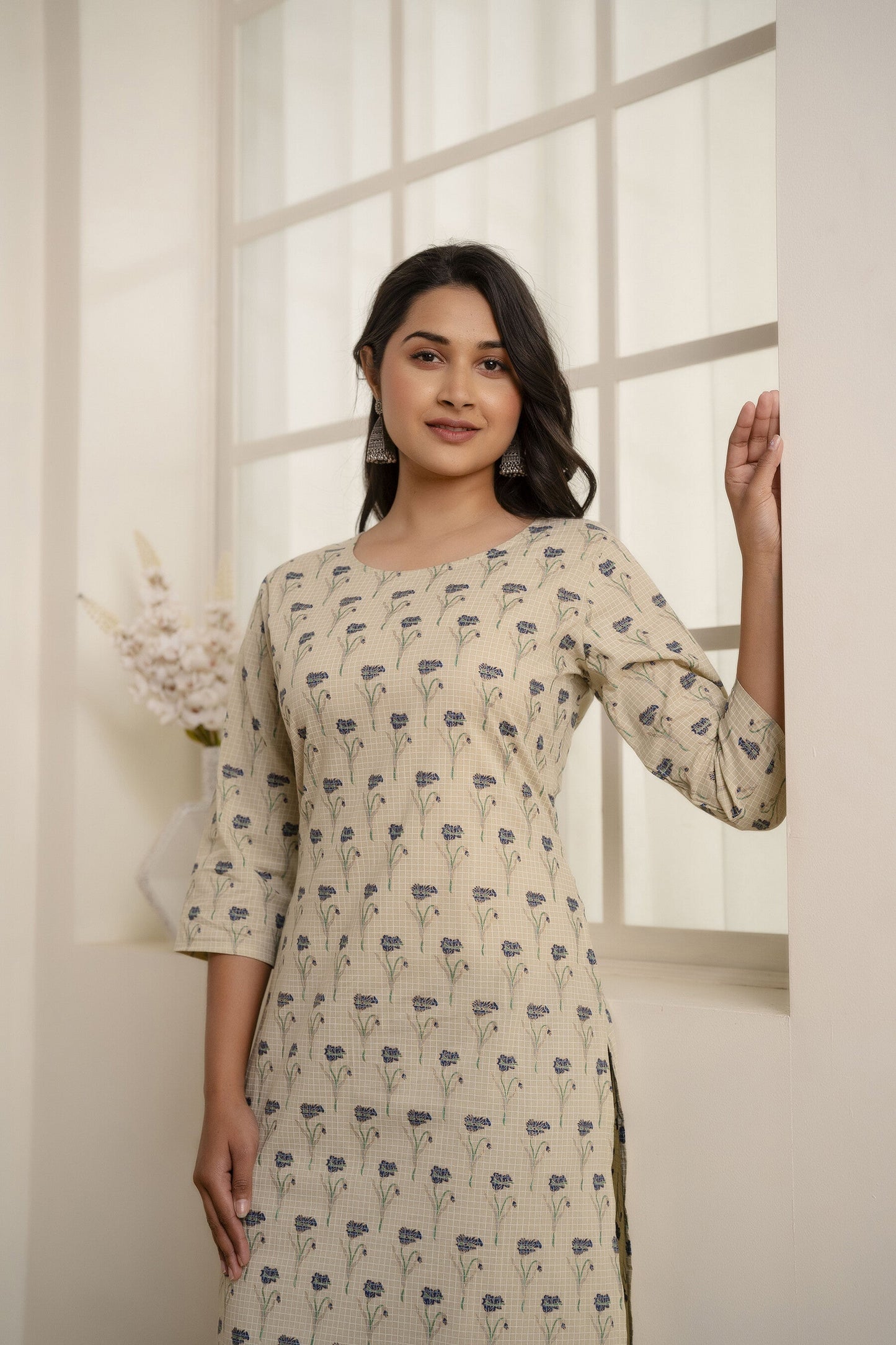 Women Cream Printed Straight Kurta With Three Quarter Sleeves | LASVINI - Redefining Indian Fashion with Elegance