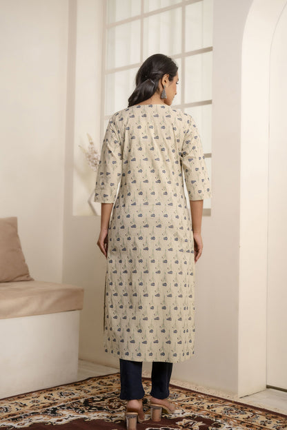 Women Cream Printed Straight Kurta With Three Quarter Sleeves | LASVINI - Redefining Indian Fashion with Elegance