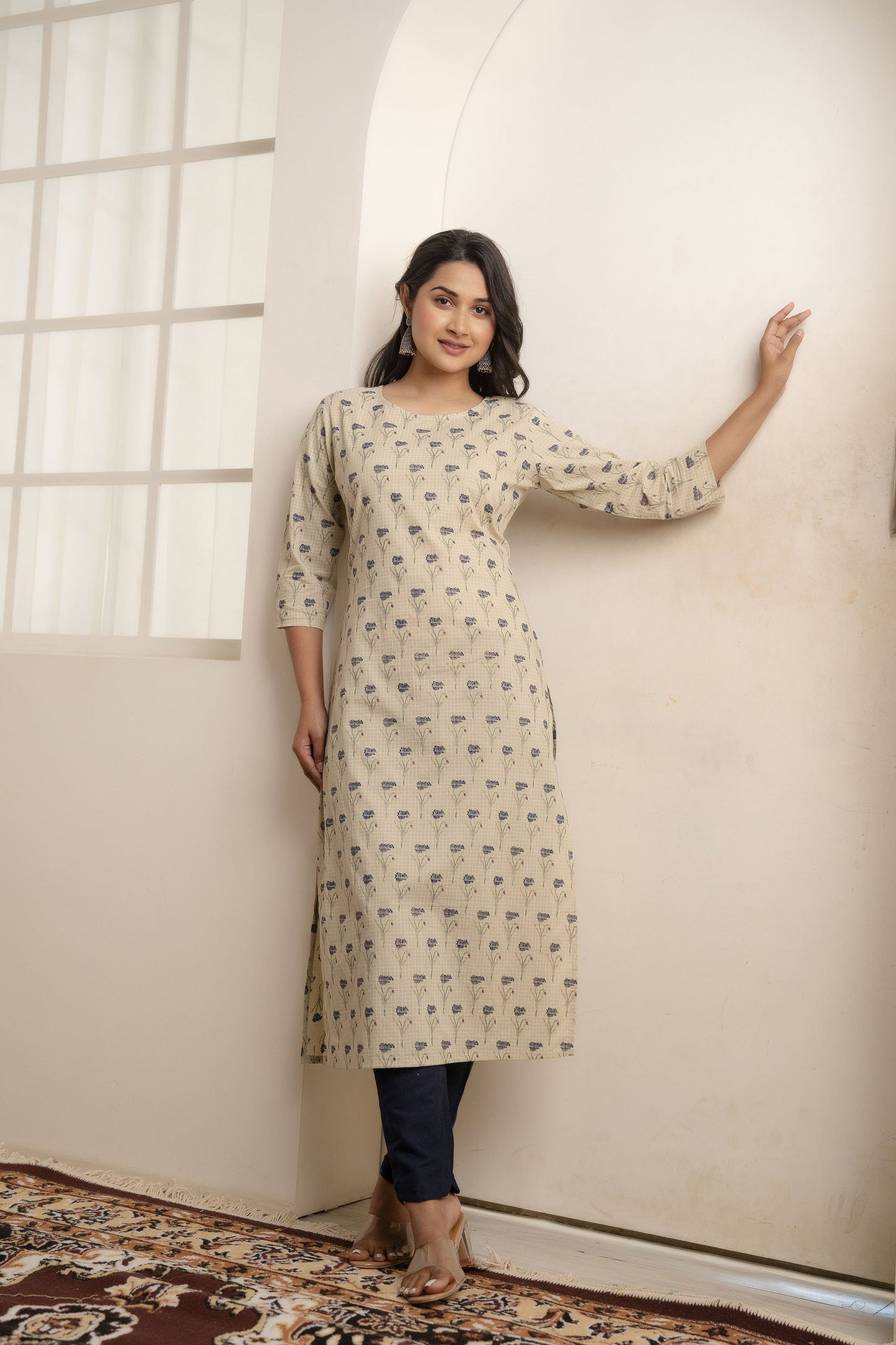 Women Cream Printed Straight Kurta With Three Quarter Sleeves | LASVINI - Redefining Indian Fashion with Elegance