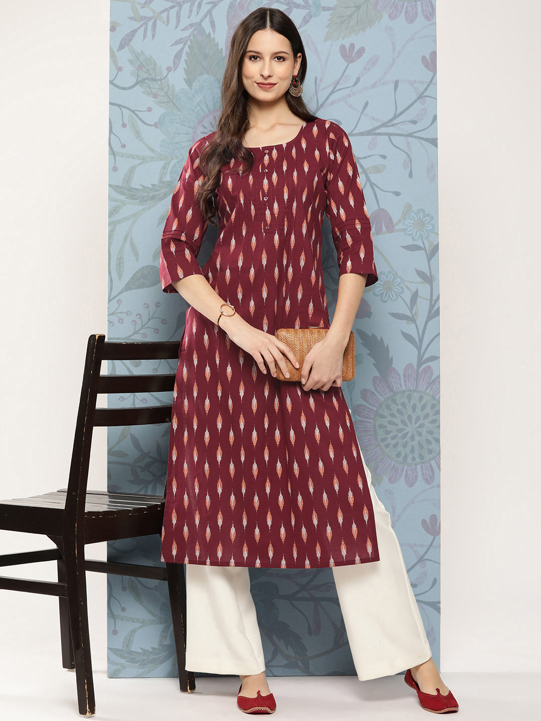 Women Maroon Ikat Printed Straight Kurta With Three Quarter Sleeves | LASVINI - Redefining Indian Fashion with Elegance