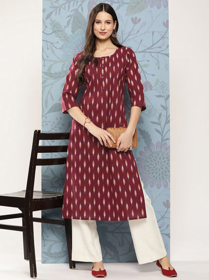 Women Maroon Ikat Printed Straight Kurta With Three Quarter Sleeves | LASVINI - Redefining Indian Fashion with Elegance