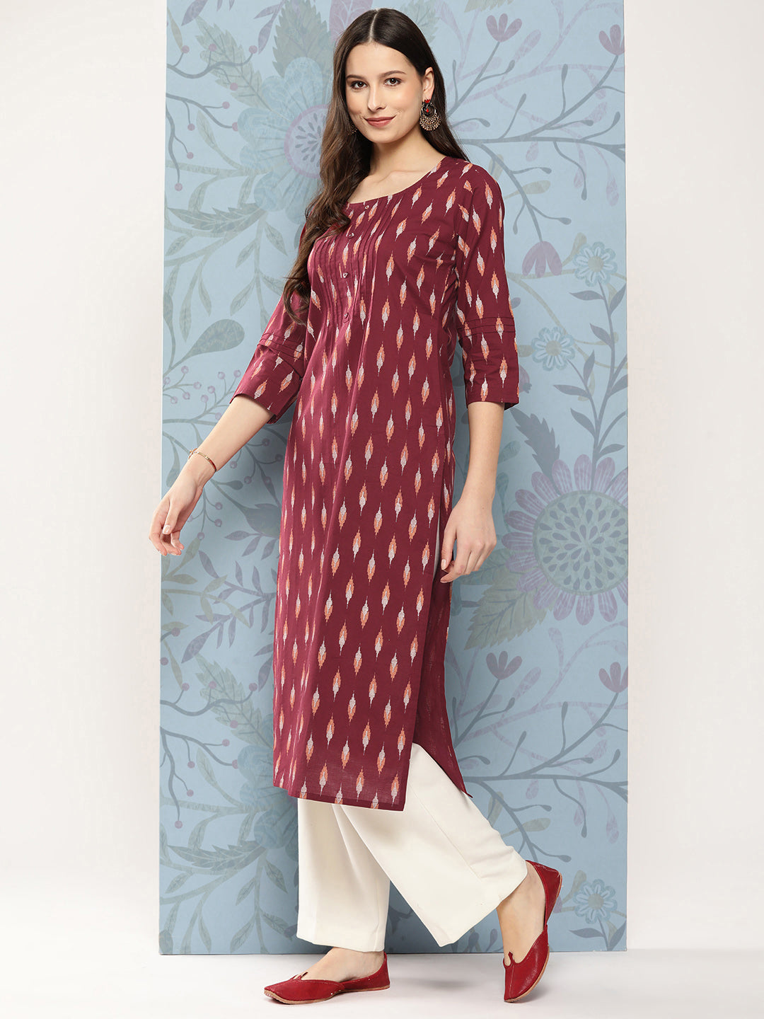 Women Maroon Ikat Printed Straight Kurta With Three Quarter Sleeves | LASVINI - Redefining Indian Fashion with Elegance