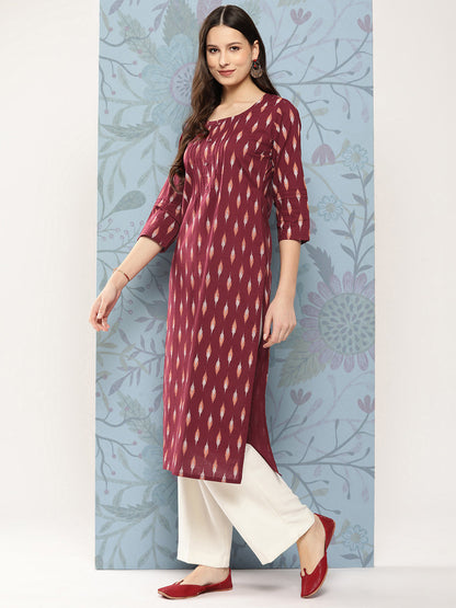 Women Maroon Ikat Printed Straight Kurta With Three Quarter Sleeves | LASVINI - Redefining Indian Fashion with Elegance
