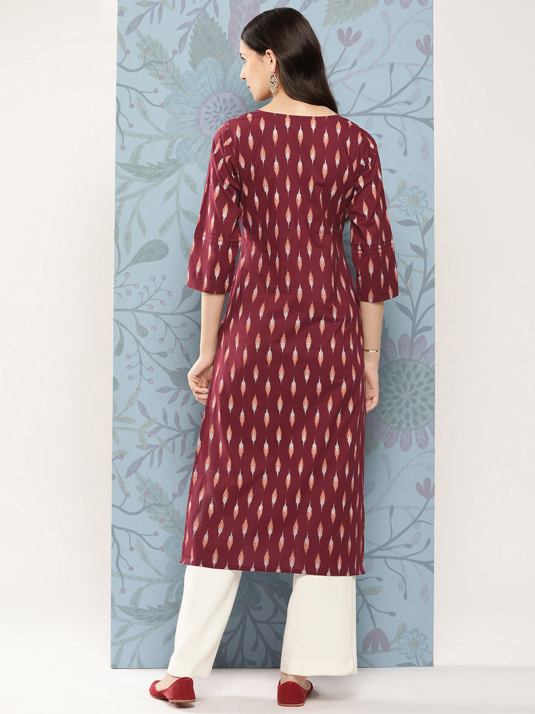 Women Maroon Ikat Printed Straight Kurta With Three Quarter Sleeves | LASVINI - Redefining Indian Fashion with Elegance