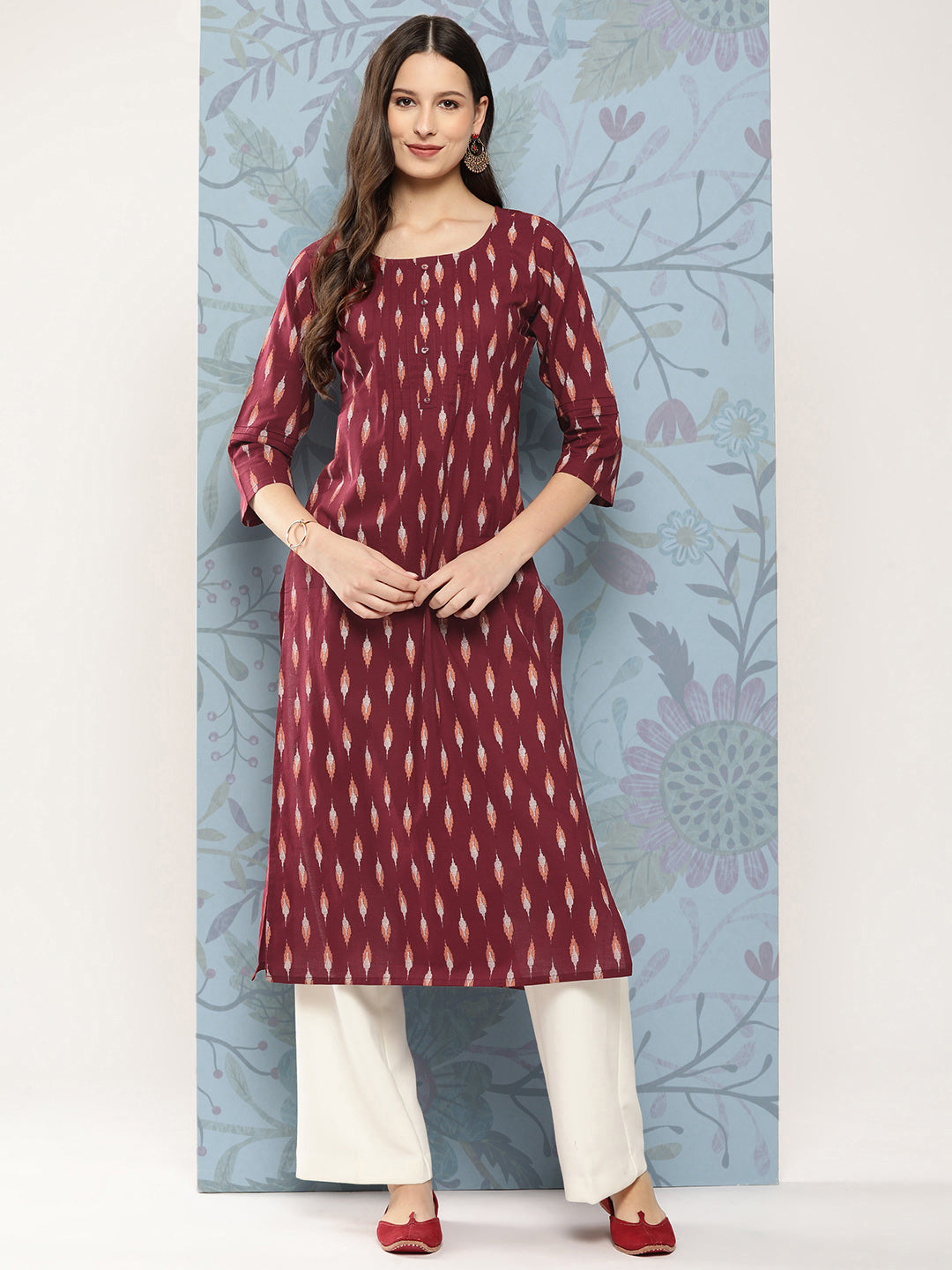 Women Maroon Ikat Printed Straight Kurta With Three Quarter Sleeves | LASVINI - Redefining Indian Fashion with Elegance