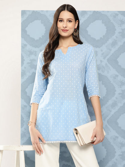 Women Blue Straight Tunic With Three Quarter Sleeves | LASVINI - Redefining Indian Fashion with Elegance