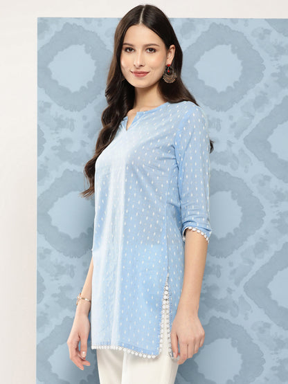 Women Blue Straight Tunic With Three Quarter Sleeves | LASVINI - Redefining Indian Fashion with Elegance