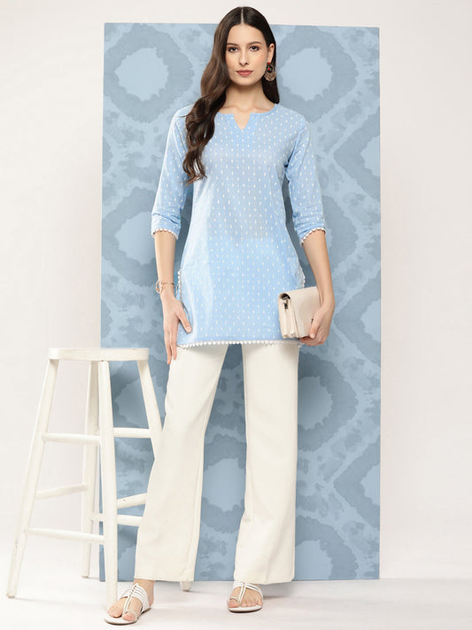 Women Blue Straight Tunic With Three Quarter Sleeves | LASVINI - Redefining Indian Fashion with Elegance