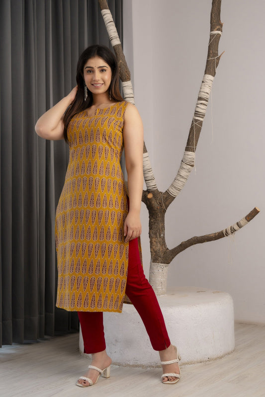 Women Mustard Printed Straight Sleeveless Kurta | LASVINI - Redefining Indian Fashion with Elegance